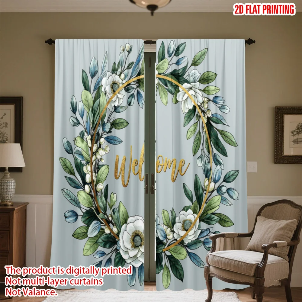 

2D flat printing 2pcs Party Curtain Floral Welcome Wreath Digital Printed Polyester Drapes All Season Party & Holiday Decor