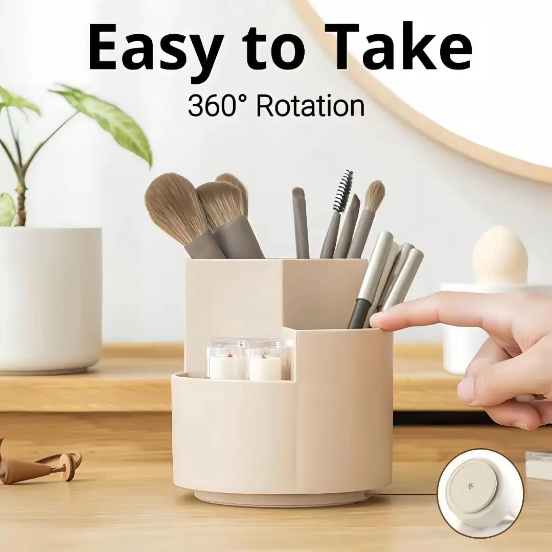 360 Rotating Pencil Pen Holder 3 Slot Makeup/Cosmetics Brushes Storage Organizer Cup for Desk Table Vanity Countertops