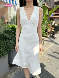 White Sweet Midi Dress Women Sexy Deep V Neck Cotton Sleeveless A-line Vestidos Lace-up Waist Solid Simple Summer Dresses New