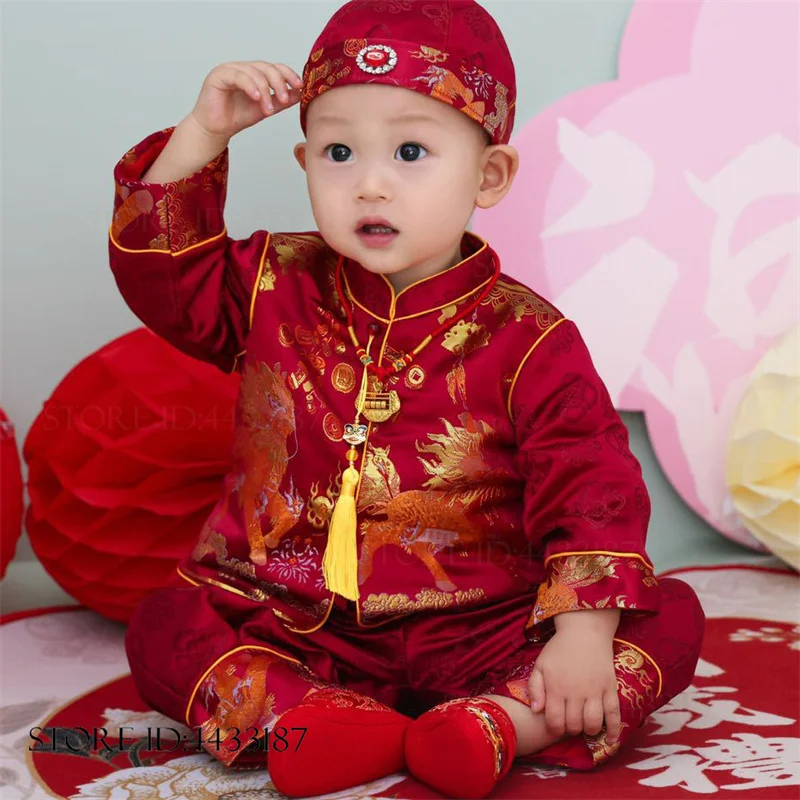

Детский традиционный китайский костюм Тан для годовалых малышей, одежда для фотосессий, бордовый парчовый комплект Ханьфу, новогодняя одежда