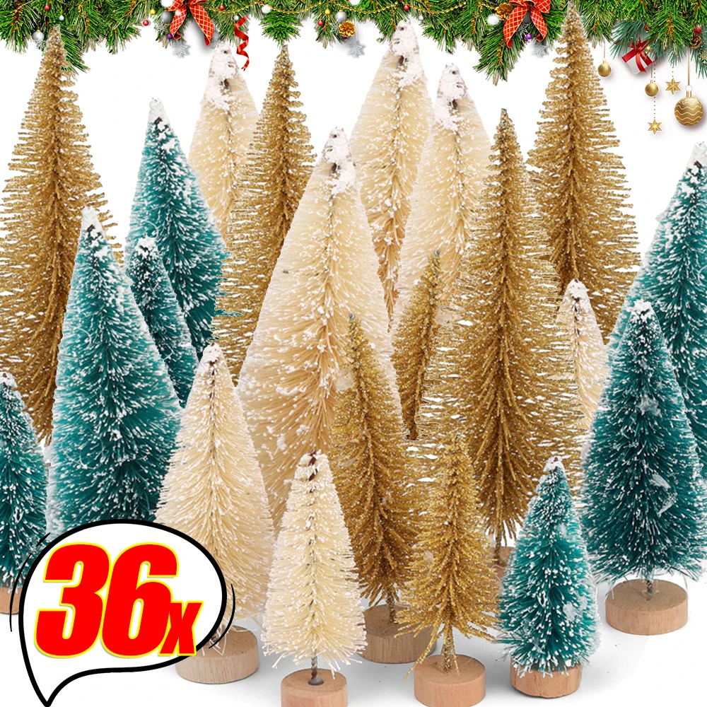 9/36pcs Artificial Mini Christmas Tree Miniature Pine Tabletop Ornament Wooden Green White Gold Pine Christmas Party Decoration