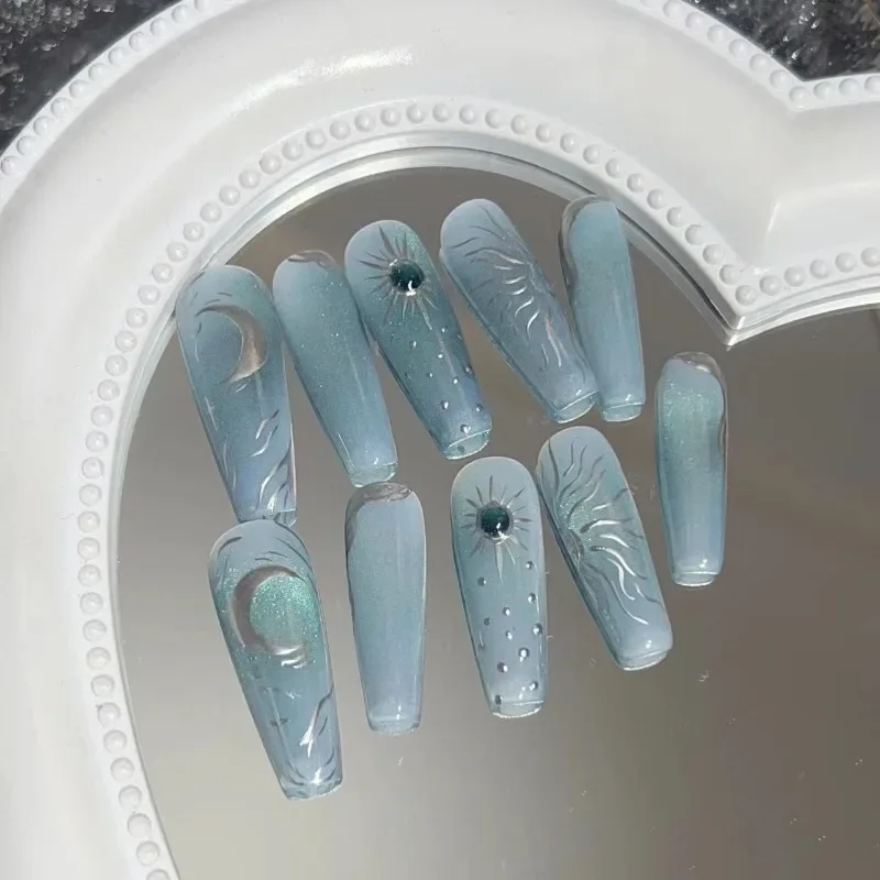 False Nails Fake Nails Full Cover Press on Nails Removable Diy Pure Handmade Reusable Sun Moon Star River Blue Nude Cat Eye