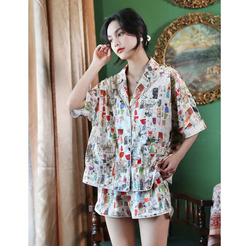 2024 Latest Korean Pajamas Women's Ice Silk Short Sleeve Shorts Small Printed Pattern Fashionable Outwear Home Clothes