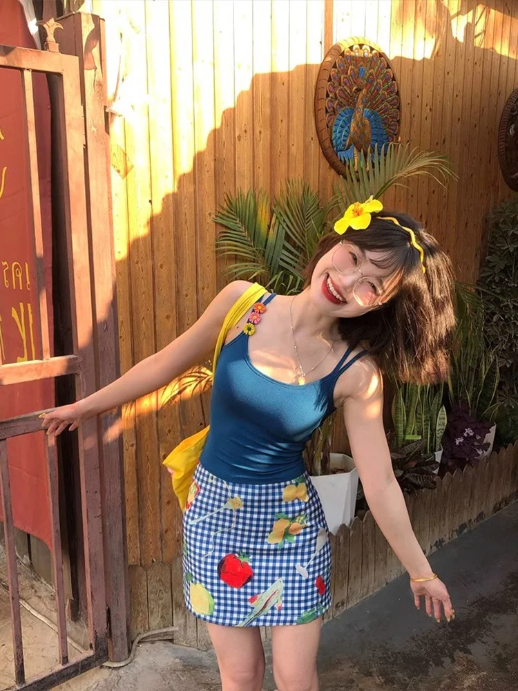 Retro Hong Kong Style Blue Strap Vest Women's Underwear Beautiful Back Integrated Chest Pad Top Inner Wear Summer Short Sleeve