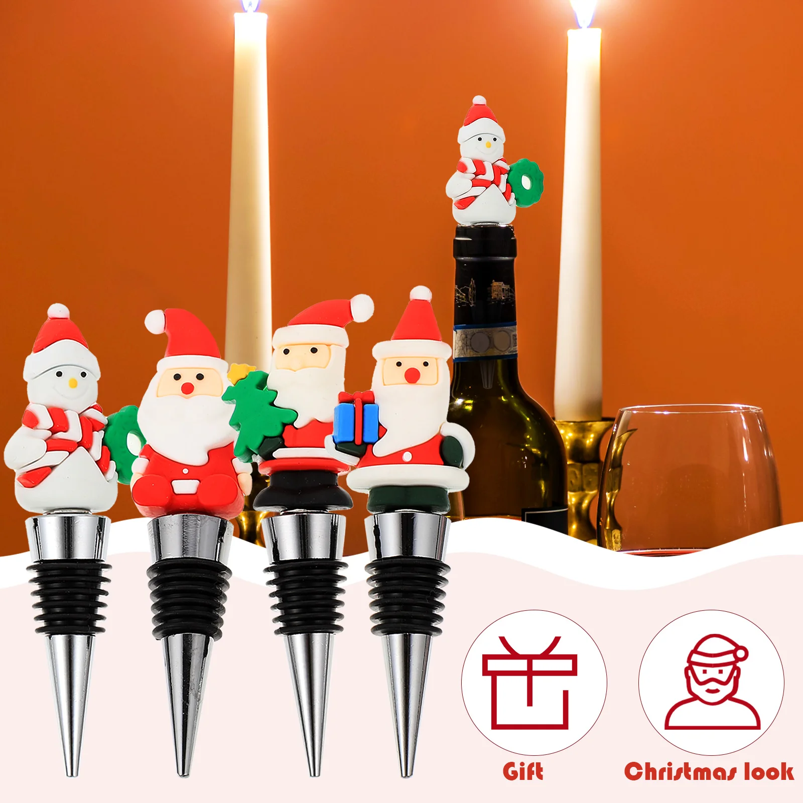 

4 шт., рождественские пробки для бутылок вина с Санта-Клаусом, прочные уплотнительные декоративные рождественские топперы для вина, пробка для бутылок, рождественские принадлежности