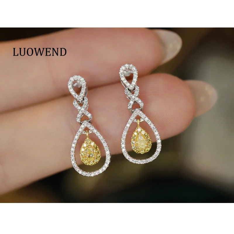 LUOWEND 100% 18K White Gold Earrings Elegant Gentle Style Real Natural Yellow Diamond Drop Earrings High Women's Wedding Jewelry