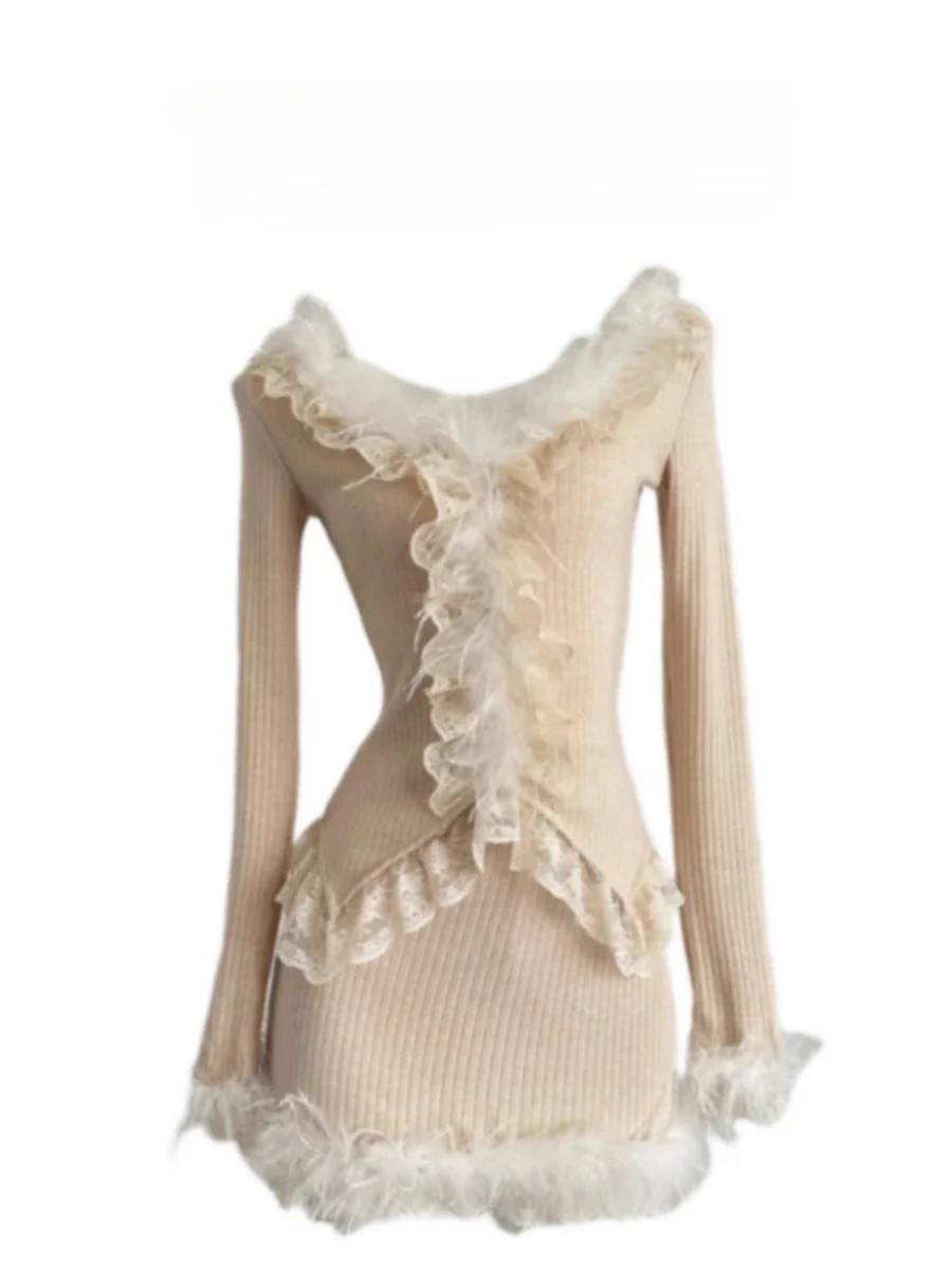 

Sweet Hot Girl Pure Sexy Suit Women's Autumn and Winter Lace Knitted Top High Waist Skirt Two-piece Set Fashion Female Clothes