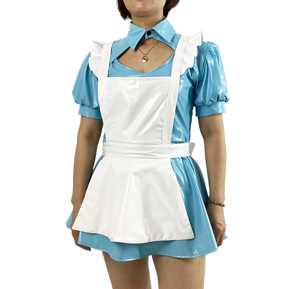 Wet PVC Leather A-line French Maid Outfits, Puff Short Sleeve, Sissy Maid Uniforms, Halloween Party Cosplay, 7XL, 3Pcs Set