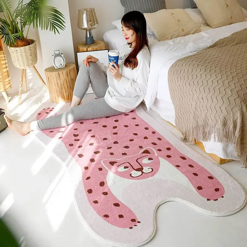 Leopard Shape Bedside Carpet Pink Rug Cute Cartoon Door Mat Non Slip Animal Area Rug Washable Mat Water Absorption Rugs for Kid