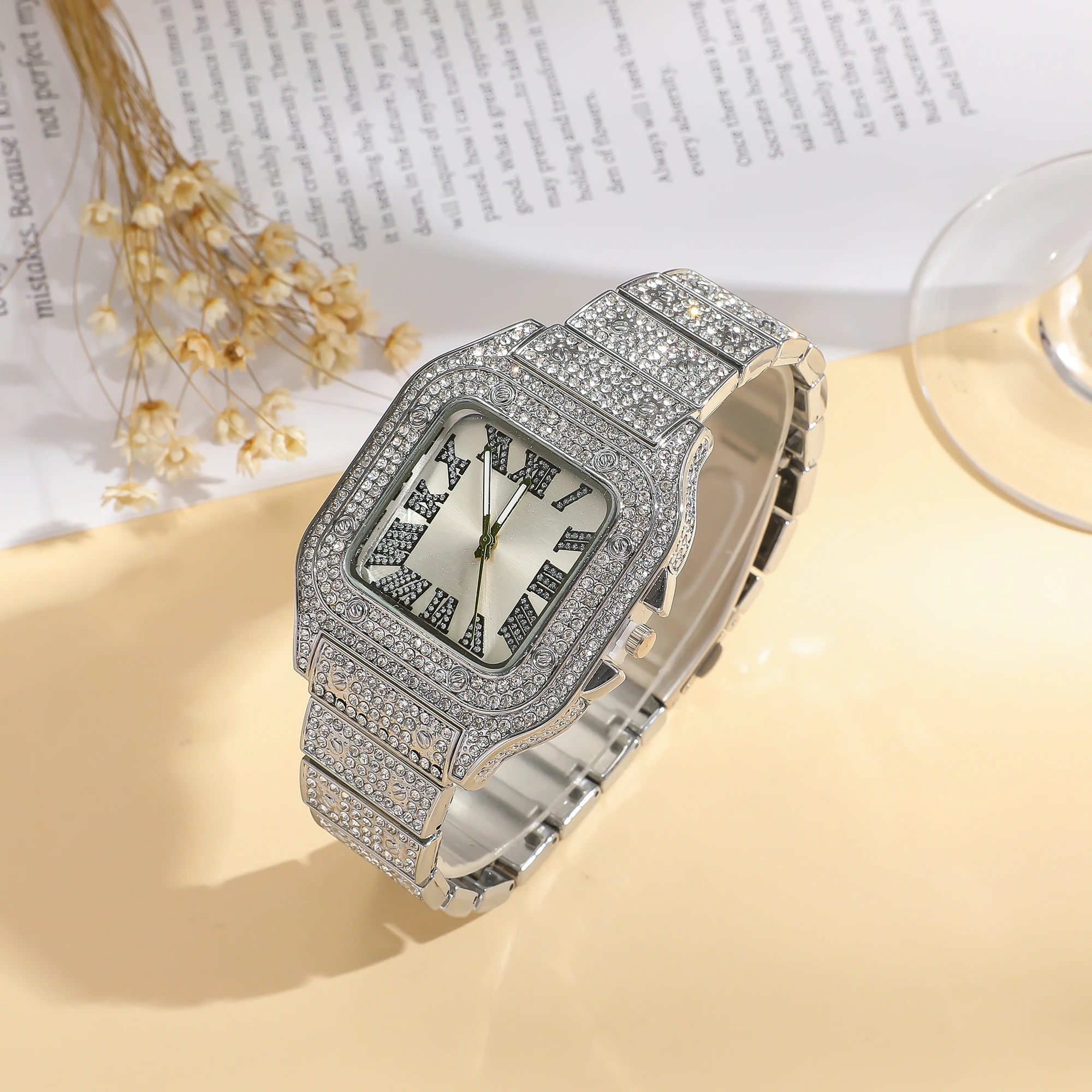 Ladies Fashion Square Roman dial steel band diamond encrusted quartz watch image 4