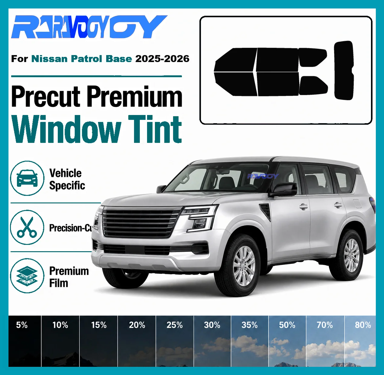 For Nissan Patrol Base 2025-2026 RAVOOY Pre-Cut Window Tint Film Vehicle-Specific Full Kit Front & Rear Windows Precision-Cut