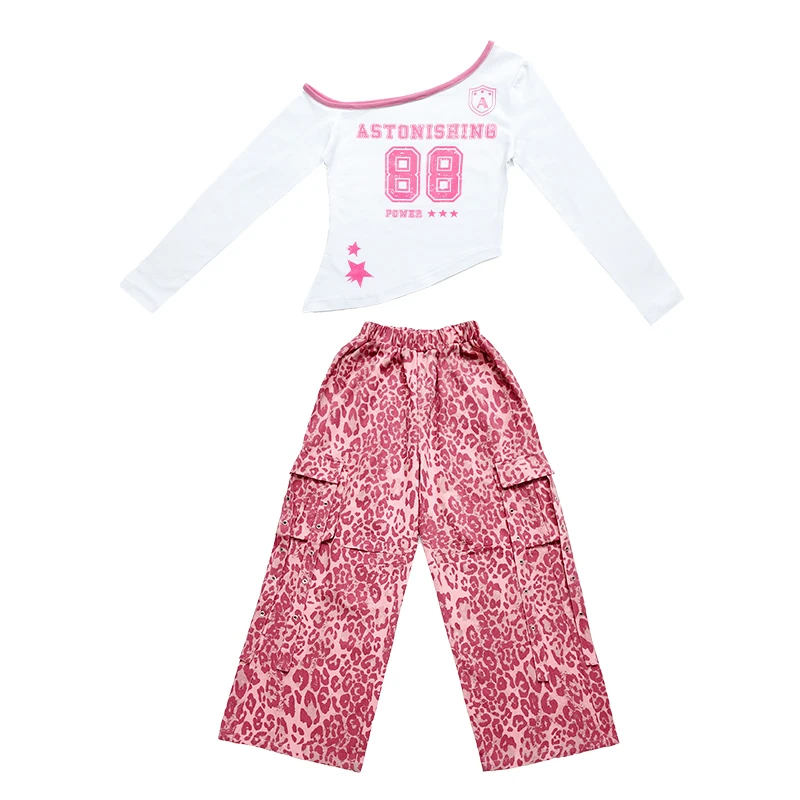 New Kids Cool Hip Hop Clothing Girls Jazz Dance Costume White Top Leopard Pants Children'S Ballroom Dance Street Suit XS10430