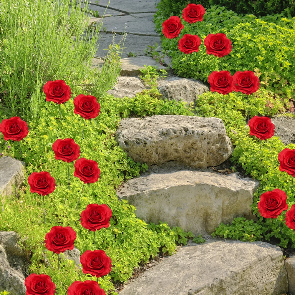 

2pcs Rose Fresh Color Garden Metal Craft Art Adorable Insert Decor For Outdoor Pathway Patio Lawn Decoration Stakes
