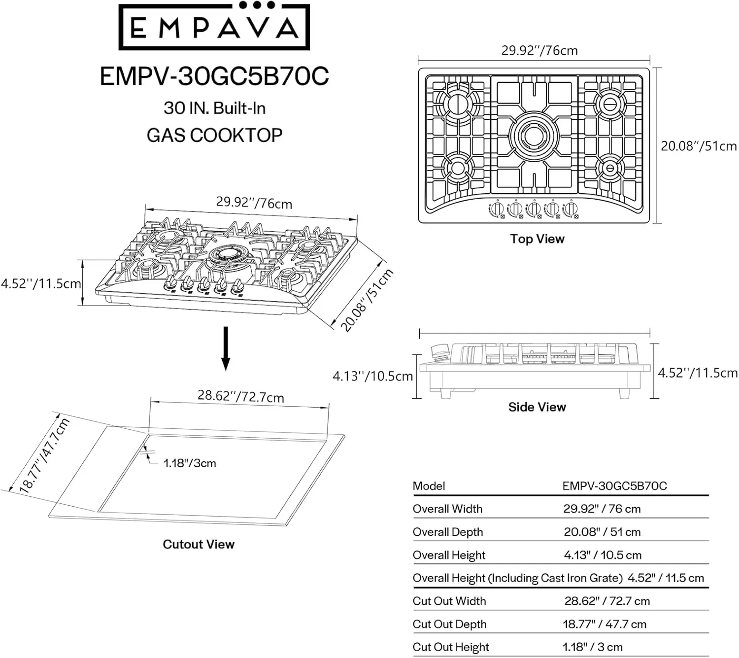 Table de cuisson à gaz en acier inoxydable, 5 brûleurs SABAF de classe mondiale, convertible GPL/NG, plaques de cuisson idéales pour la cuisine, fabriquées en Italie, 30 po