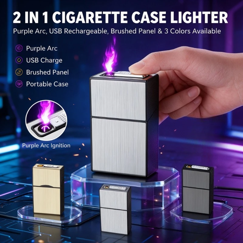Rechargeable Tungsten Arc Lighter, Comes with Anti-fall Moistureproof Cigarette Box, All-in-one Design, Premium Daily Smoking