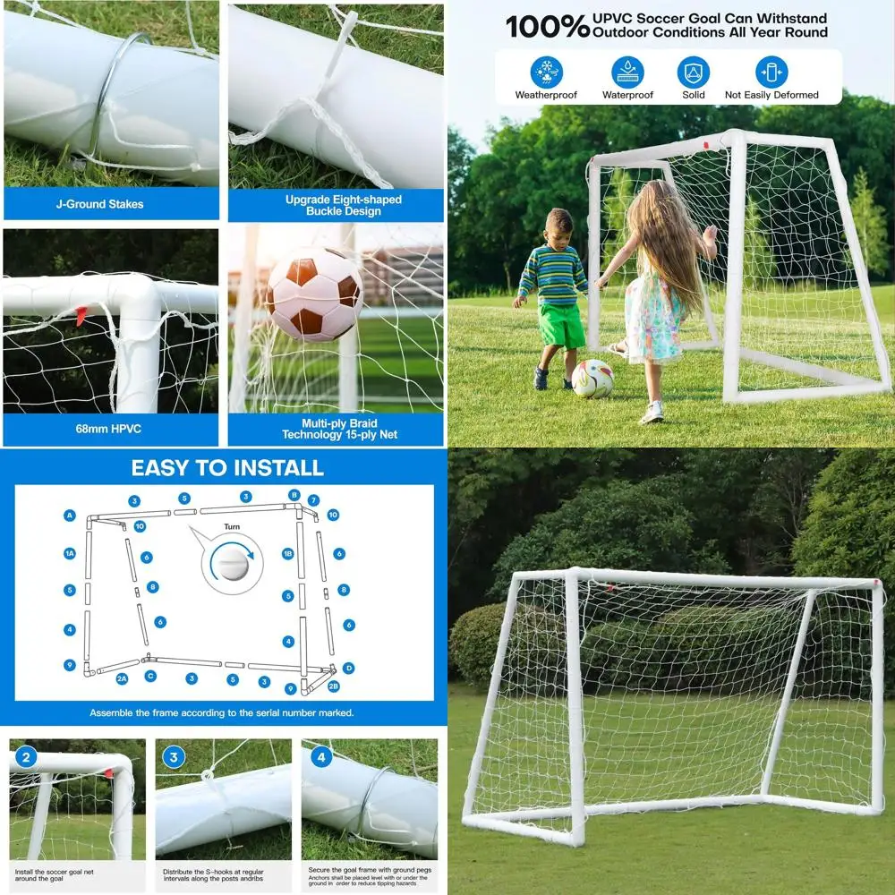 

Портативные футбольные ворота для двора - размеры 10x6.5/8x5/6x4, из погодостойкого ПВХ, с сумкой для переноски и креплениями для крепления к земле, для детей и взрослых.