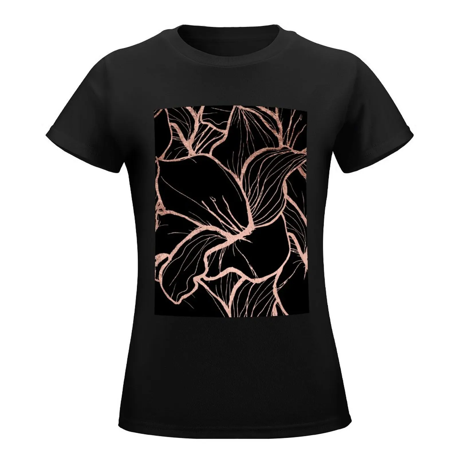 Modern rose gold abstract handdrawn floral pattern on black T-Shirt hippie clothes anime clothes tees western t shirts for Women