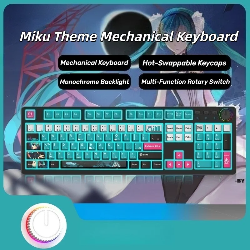 

104Keys Mechanical Keyboard Miku Theme Gaming Keyboard Hot-Swappable PBT Keycap Monochrome Backlighting Rotary Switch Adjustment