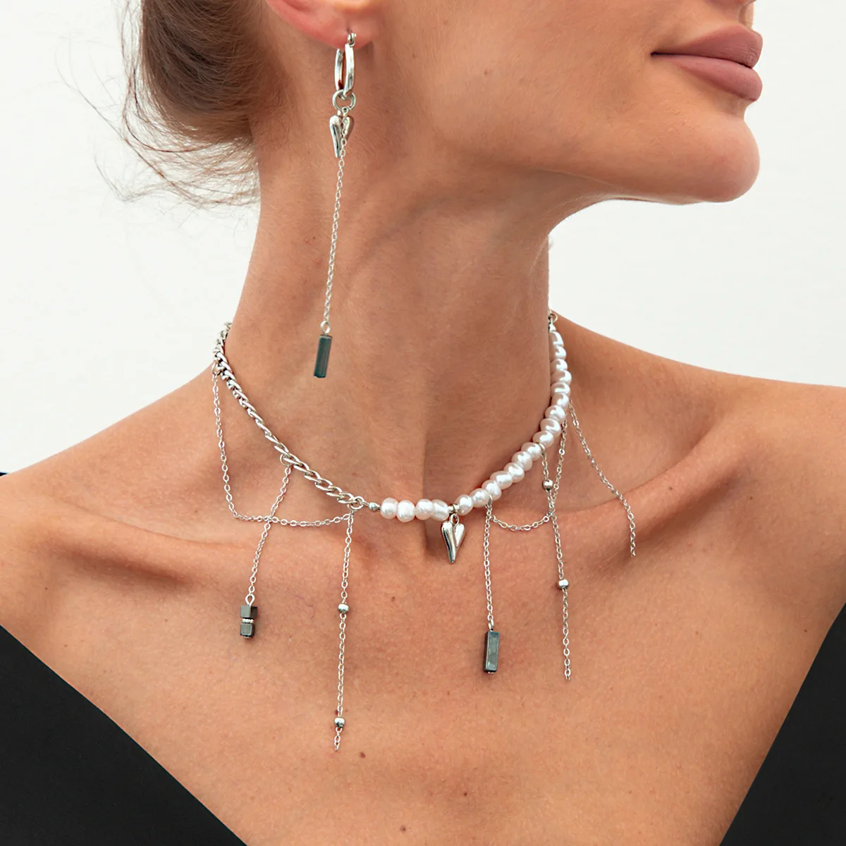 Choker Heart Asymmetric Pendant with Faux Pearl Accent and Sturdy Adjustable Gold Tone Chain for Women Party Vacation
