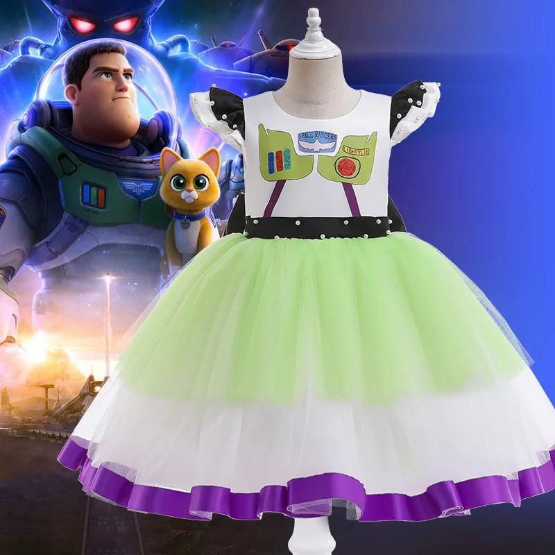 New Girls' Summer Buzz Lightyear Dress With Nail Bead Candy Color Patchwork Princess Dress Children's Dress In The Middle