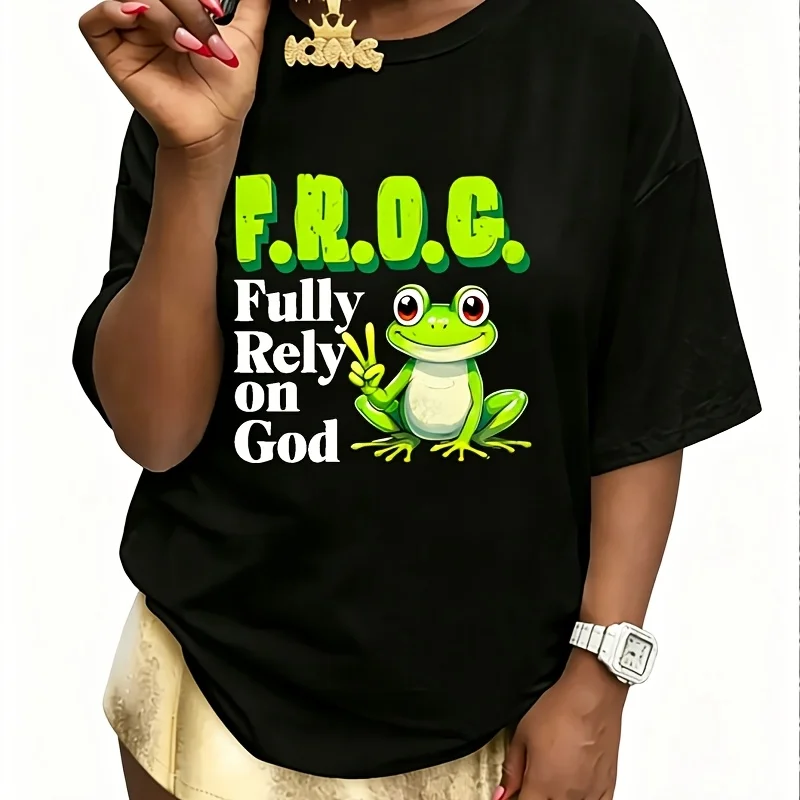 Frog Fully Rely on God Christian Frog Lovers Women's 100% Cotton T-Shirt Short Sleeve Top Casual Round Neck Fun Print Tee S-5Xl