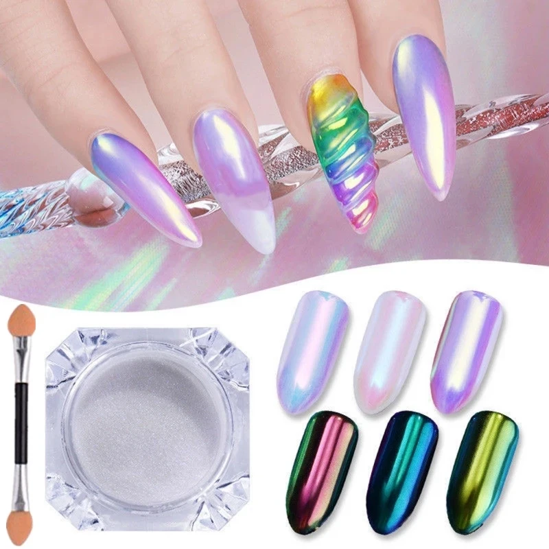 Aurora Nail Powder Mirror Effect Chrome Nail Art Mermaid Rainbow Ab Mirror Magic Mirror Powder With A Cotton Swab Neon Nail