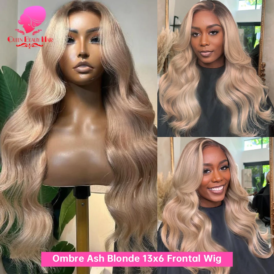 13x6 Ombre Aschblonde Echthaar-Perücke Brasilianische Body Wave Lace Front Echthaar-Perücke Wellige Dunkle Ansätze Aschblonde Lace Frontal Perücken – Detail 3