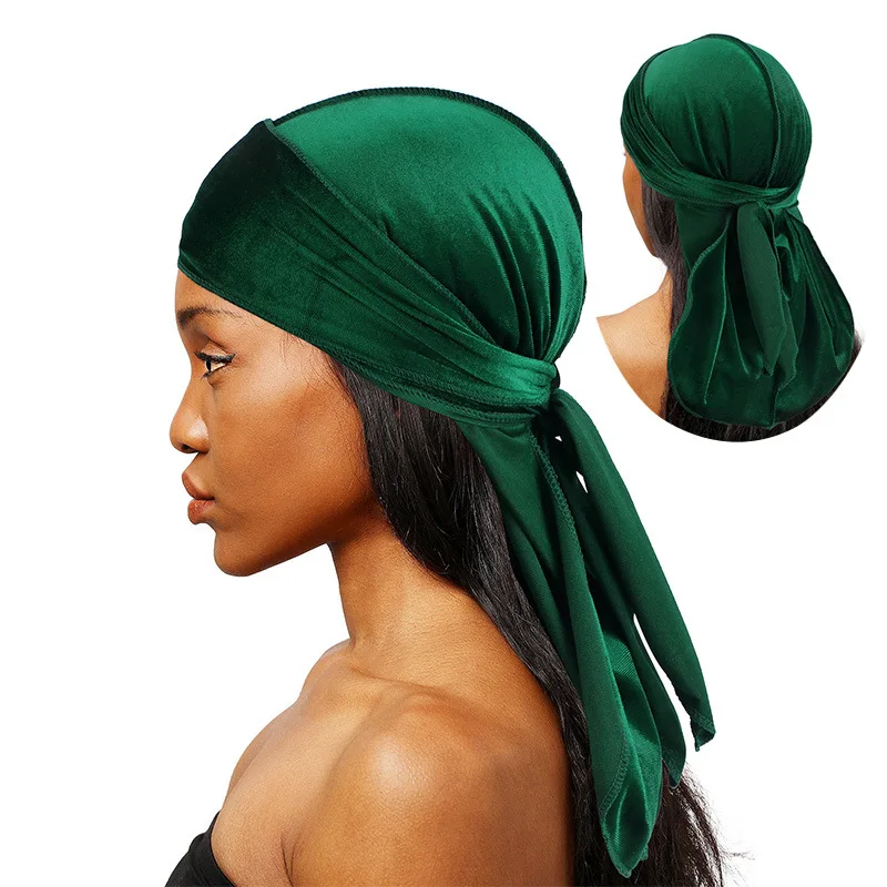 Unissex mulheres de veludo durags bandana turbante do doo du rag cauda longa motociclista headwrap bandana chapéu pirata acessórios para o cabelo