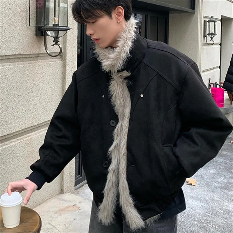 

Thiened Large Size Men's Cotton Jaet Autumn Winter Outerwear Fur-Lined Stand Collar Zipper Closure Regular Fit Long Sve