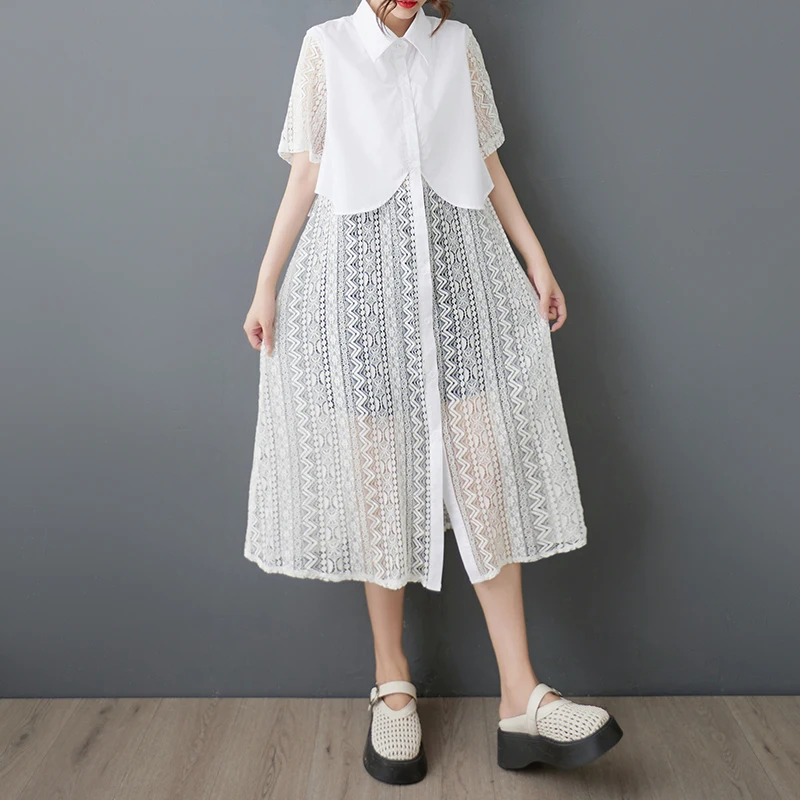 Verão novo solto faion design artístico renda emenda irt dr ele aosphere fibra de poliéster a linha midi dr