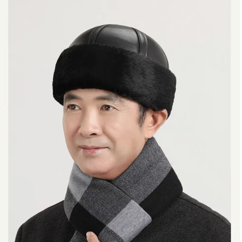 Male Winter Warm Ear Protection Bomber Hat Man Genuine Leather Faux Fur Skullcap Inside Black Brown 55-60cm Flat Roof Caps