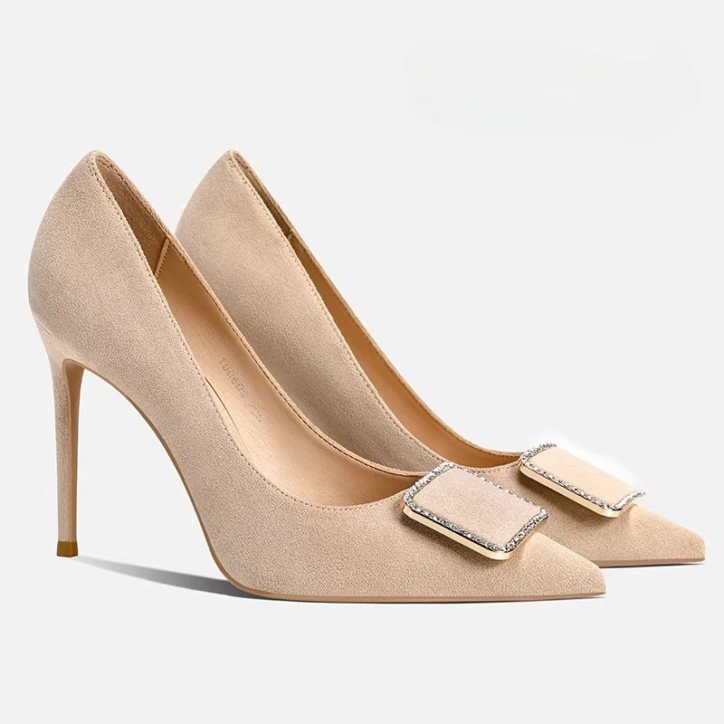 

Sexy High Heels for Women, Stiletto French Style, Rhinestone Square BucklePointedToeUnique Design Nude ColorShallowMouth Pumps