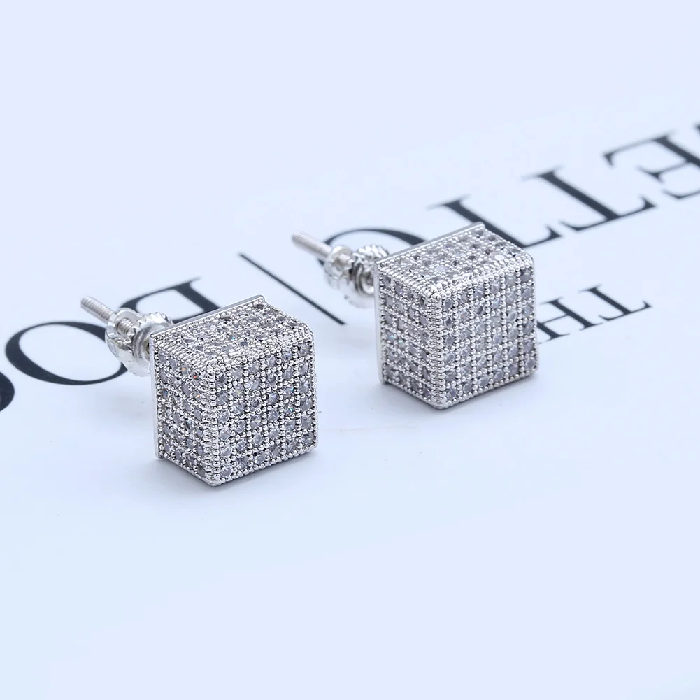 TOPGRILLZ Gold Silver Color Iced Out Cubic Zircon 8mm Square Stud Earring Men Women Trend Jewelry Gifts With Screw Back Buckle