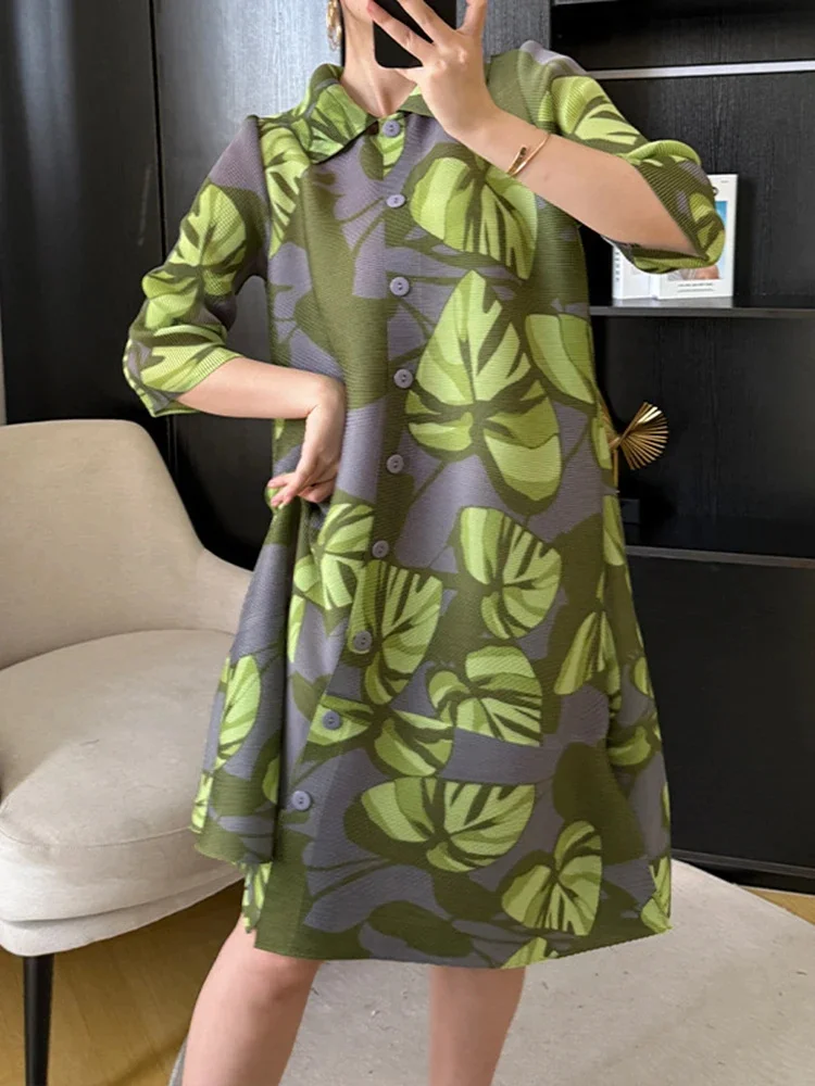 

Pleated Dress Women Lapel Single Breasted Loose Casual Style Cantrast Color Dresses 2025 New Stretch Clothing 2DB2430