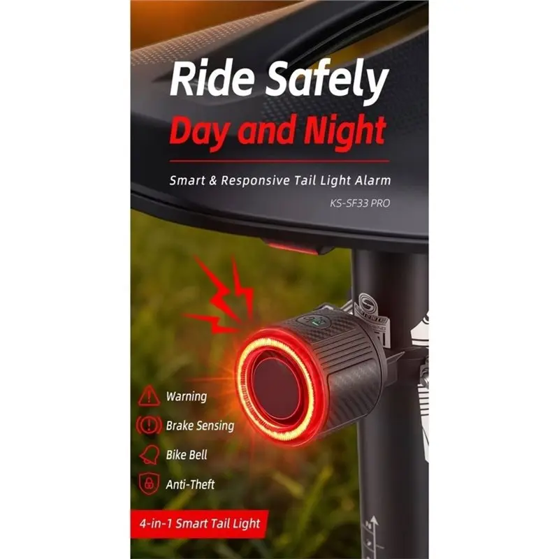 ABHS-Smart Light Sensing Bike Tail Light Alarm Light, Find Your Bike In A Crowd One-Press 'Wake-Up', 110Db Alarm