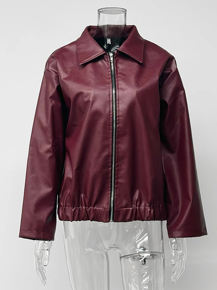 Parc Fee Fashion Loose Red Pu Leather Women's Coat Winter Lapel Long Sleeve Coats Vintage Solid Crop Top Female New Outerwear