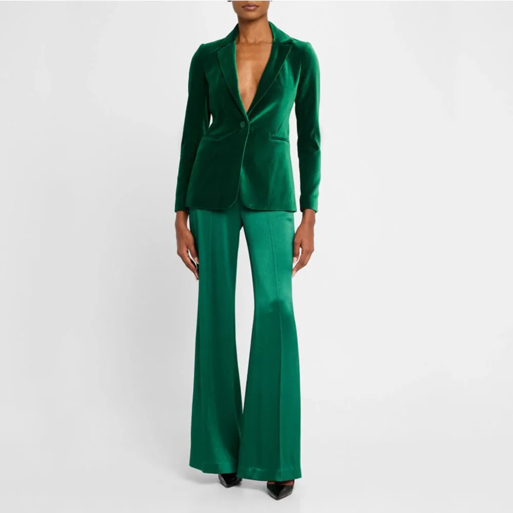 

Luxury Green Women's Suits Notch Lapel One Button 2 Pieces Jacket Pants Female Clothing Smart Office Banquet Lady's Blazers Sets