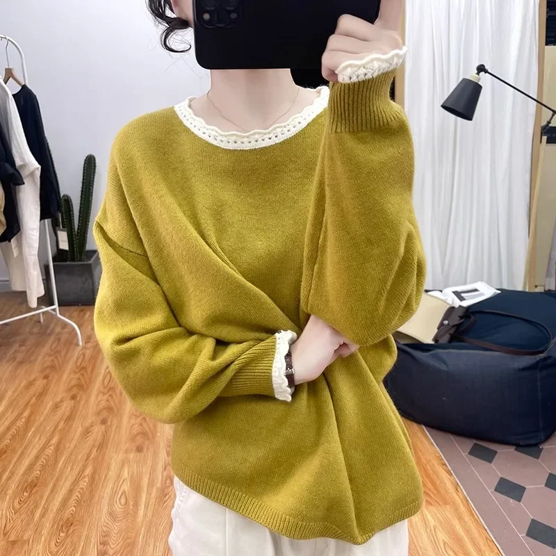 

Hot Girl Lace edge Sweater Woman Spring Autumn Fashion Leisure Long Sleeves Base Shirt Anti-Aging Versatile Clothes Outside New
