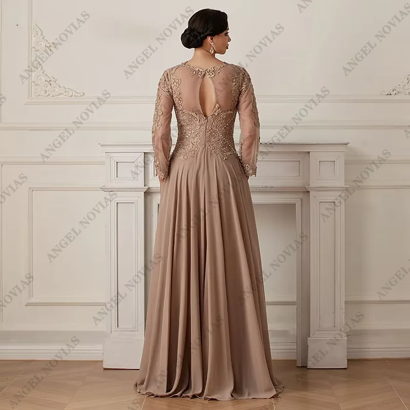 Robe mère de la mariée en mousseline de soie champagne, manches longues, robe de soirée de mariage, 85348