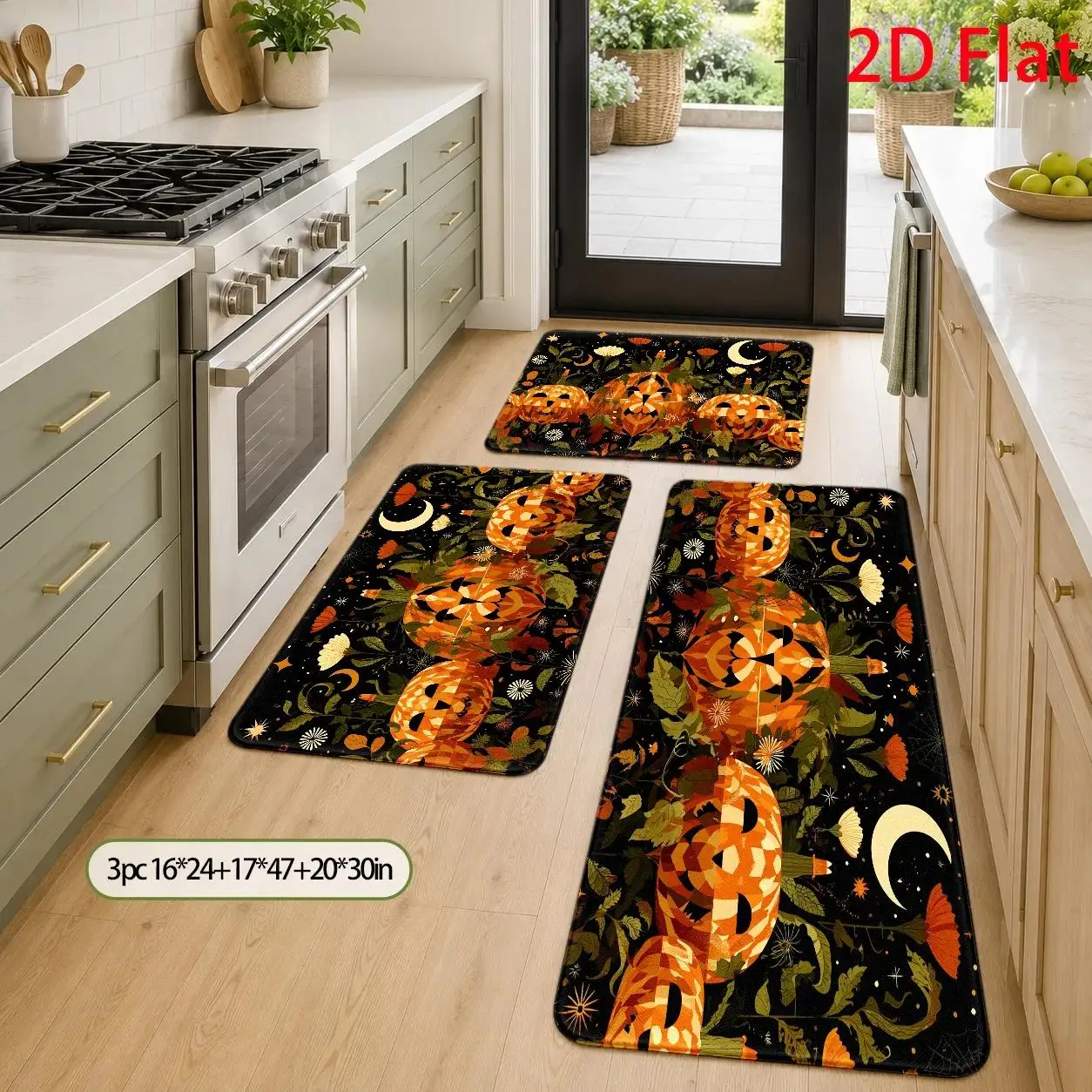 1pc, 2pcs, 3pcs, 2D Flat Kitchen Floor Mat Set, Halloween Pumpkin Floor Mat, Colorful Tribal Pattern Design, Festive Seasonal Decoration, Easy-to-Clean Decorative Kitchen Mat, Suitable for Kitchen, Bathroom, Laundry Room, 2D Flat