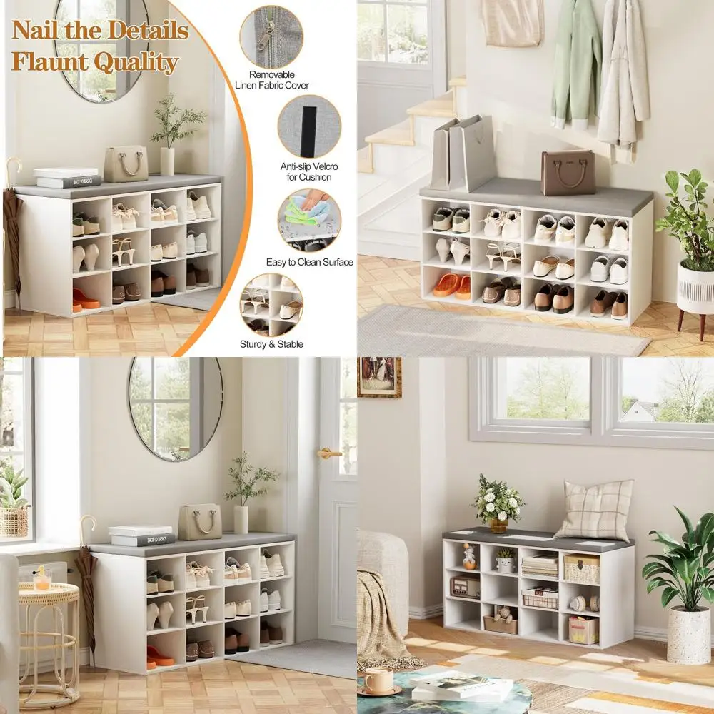 

White 3-Tier Shoe Rack Organizer Bench, 12-Cubby Storage, 36.22x11.81x17.7, Multifunctional for Entryway & Closet