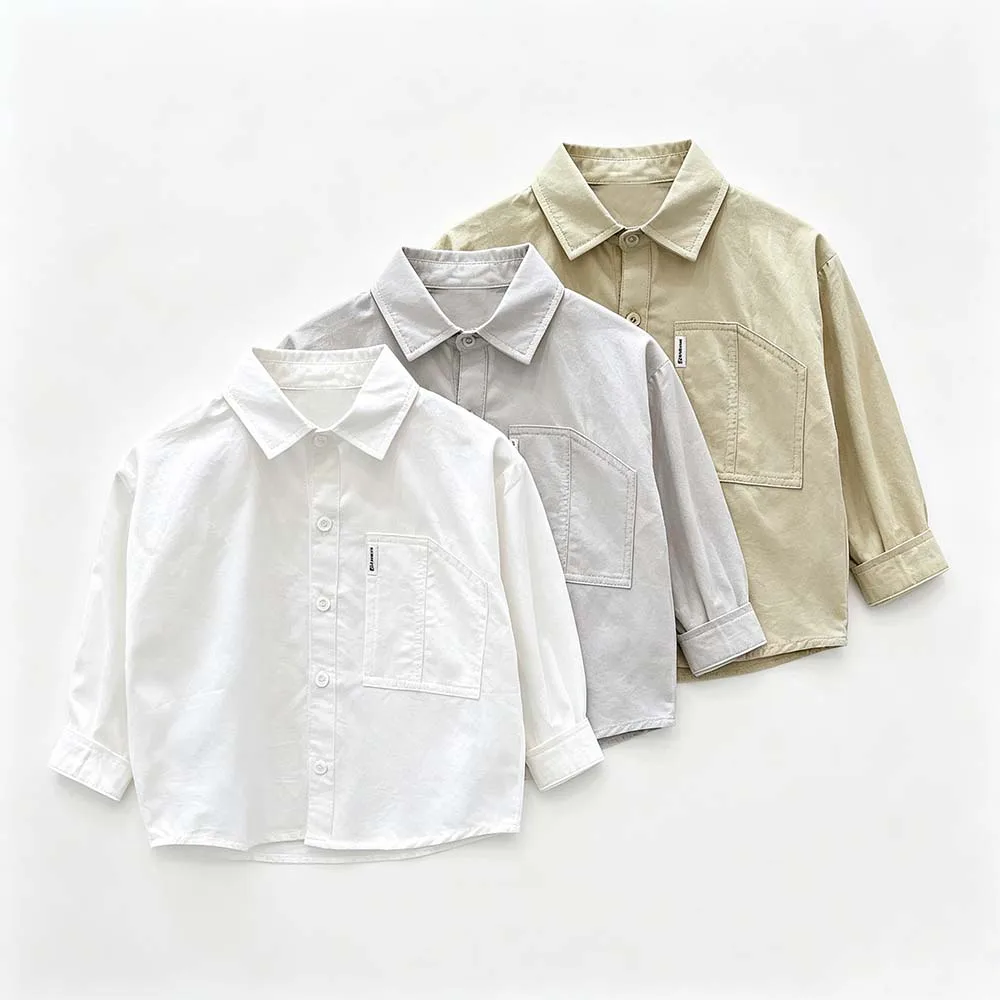 Spring Autumn Boys' Washed Cotton Long Sleeved Shirt 2026 Baby Simple Pocket Lapel Solid Color Blouses Children Clothes