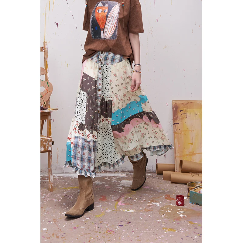 ELFSACK Patchwork Print Tiered Maxi Skirt with Button Front for Women