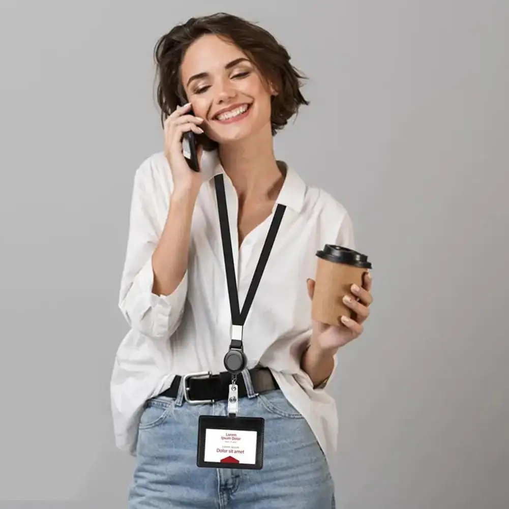 2KindPU Leather Pass Work Card Cover Working Permit Case Sleeve Badge Holder Black ID Tag Lanyard For Staff Card Clip Neck Z4K8