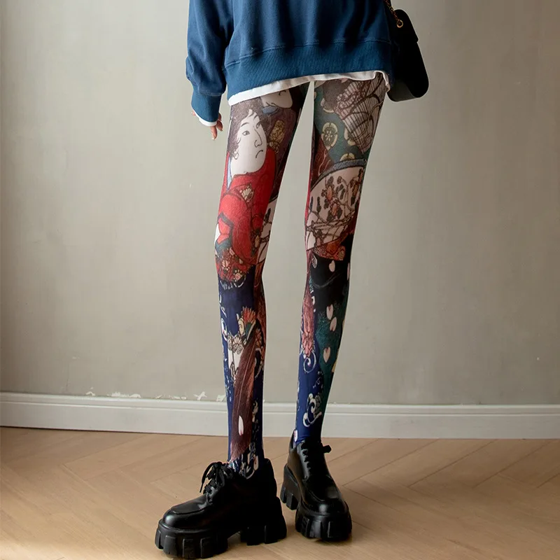 Women Retro Printed Tights Abstract Portrait Stockings Female Multicolour Fashion Pantyhose Nylon Silk Tights Ins Long Socks New