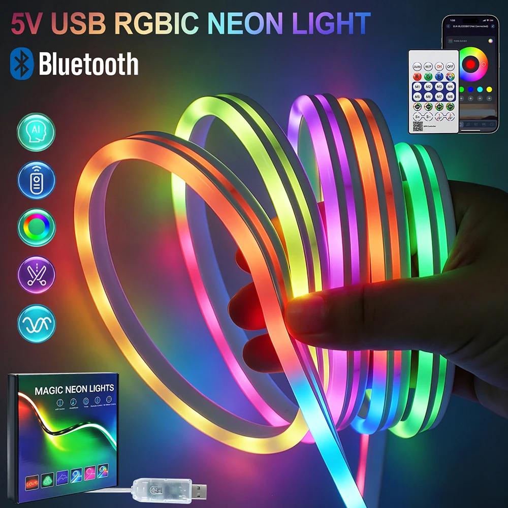 5V 5m WS2812B RGB LED Neon Flex Light 30LED/m 6x12mm Silicone Tube IP67 Waterproof Addressable Led Pixel Strip for Bedroom Decor