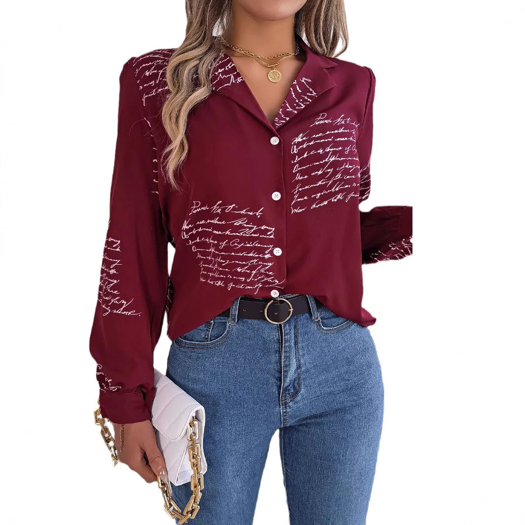 Casual Notch Collar Button Letter Print Long Sleeve Shirt For Spring & Fall, Women's Clothing