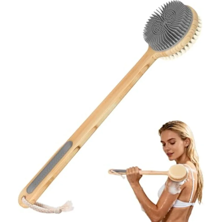 

Back Scrubber for Shower - Double-Sided Silicone and Super-Dense Bristles for Deep Cleaning and Exfoliation Long Handle with Wi