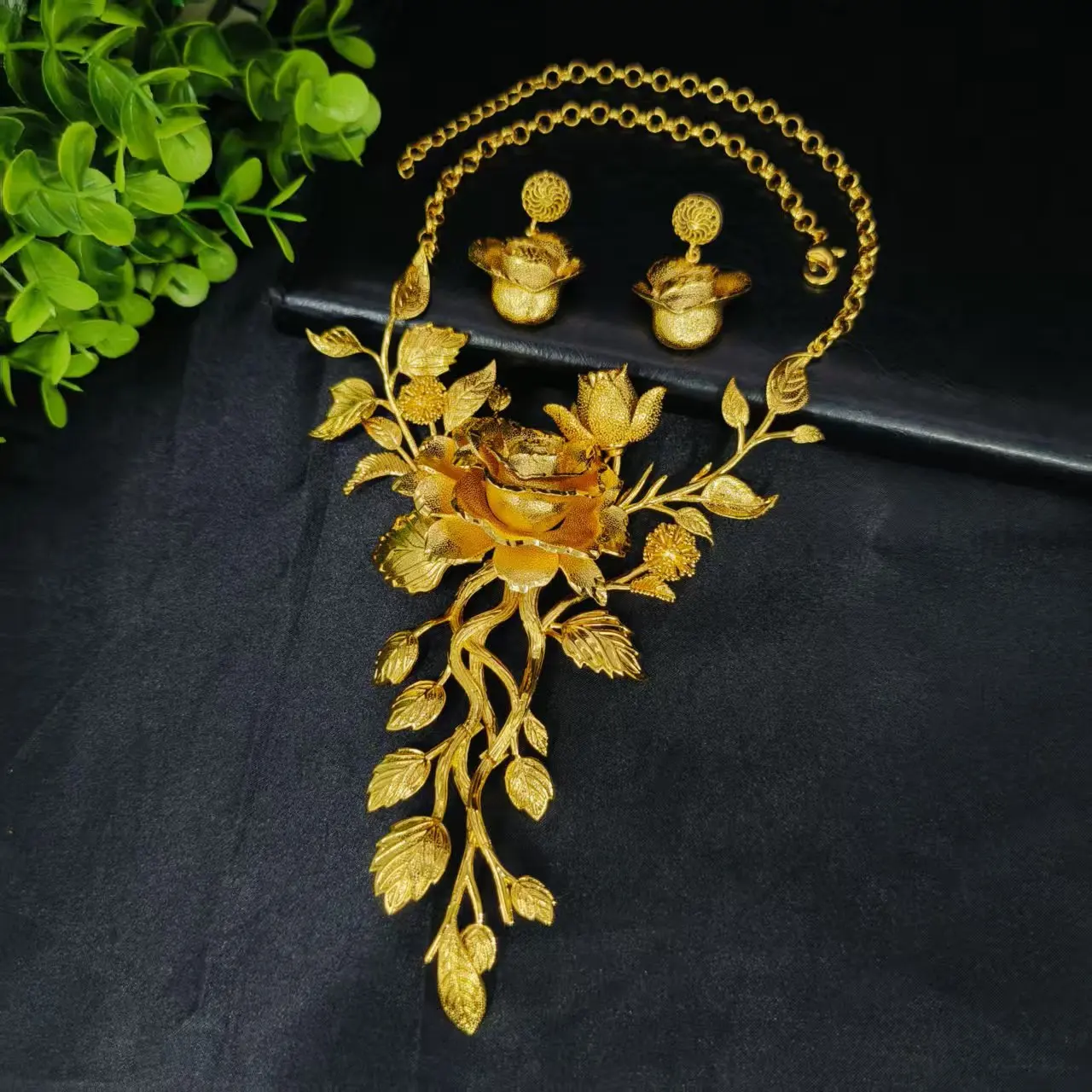 Luxury 24K 9999 Pure Gold real gold Middle East Women Flower Earrings Pomegranate Flower Necklace