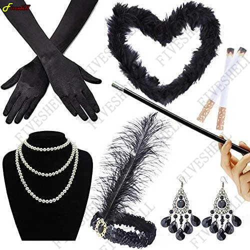 Accesorios de Cosplay para fiesta de Halloween, conjunto de accesorios para disfraz de aleta, diadema de plumas, collar de perlas, guantes largos, conjunto de accesorios 1920s